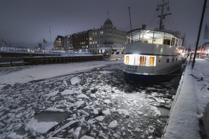 Frozen Nyhavn canal in winter